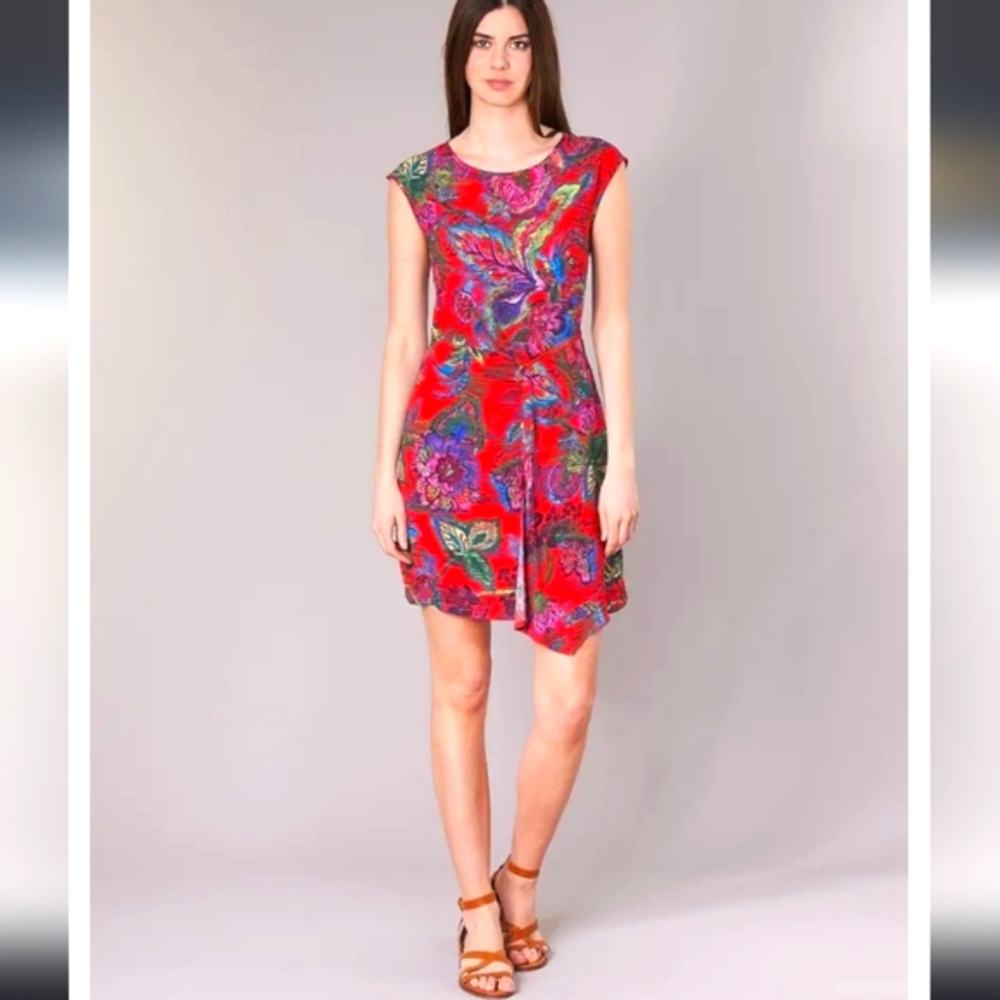 Desigual Ofelia Poppy Red Tie Front Dress Size Eur 40 US 10